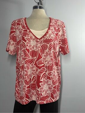 Red Floral V‑Neck Layered Blouse with Cream Inset